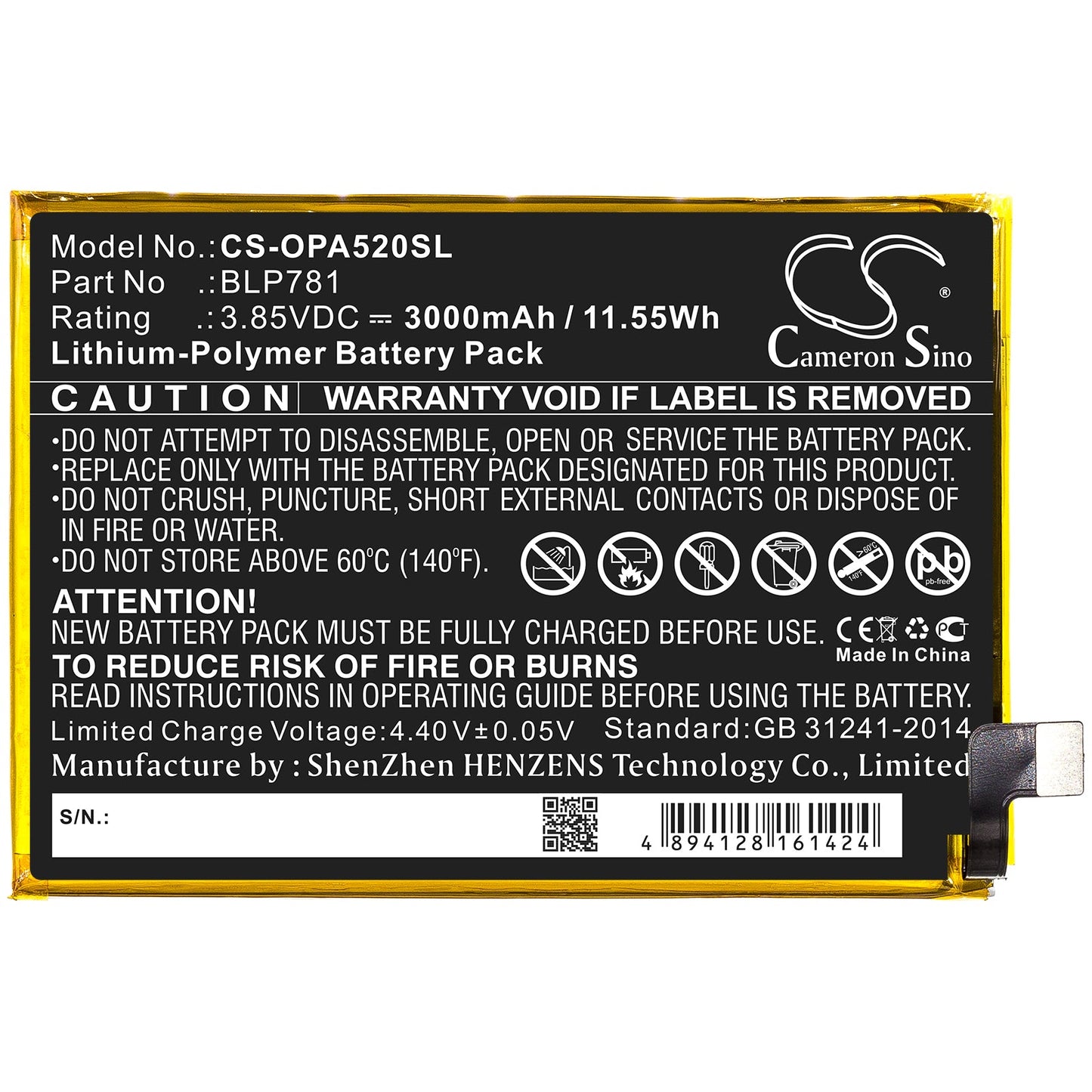 Replacement Battery for OPPO  A52 – Mobile, SmartPhone – 3000mAh / 11.55Wh / 3.85V