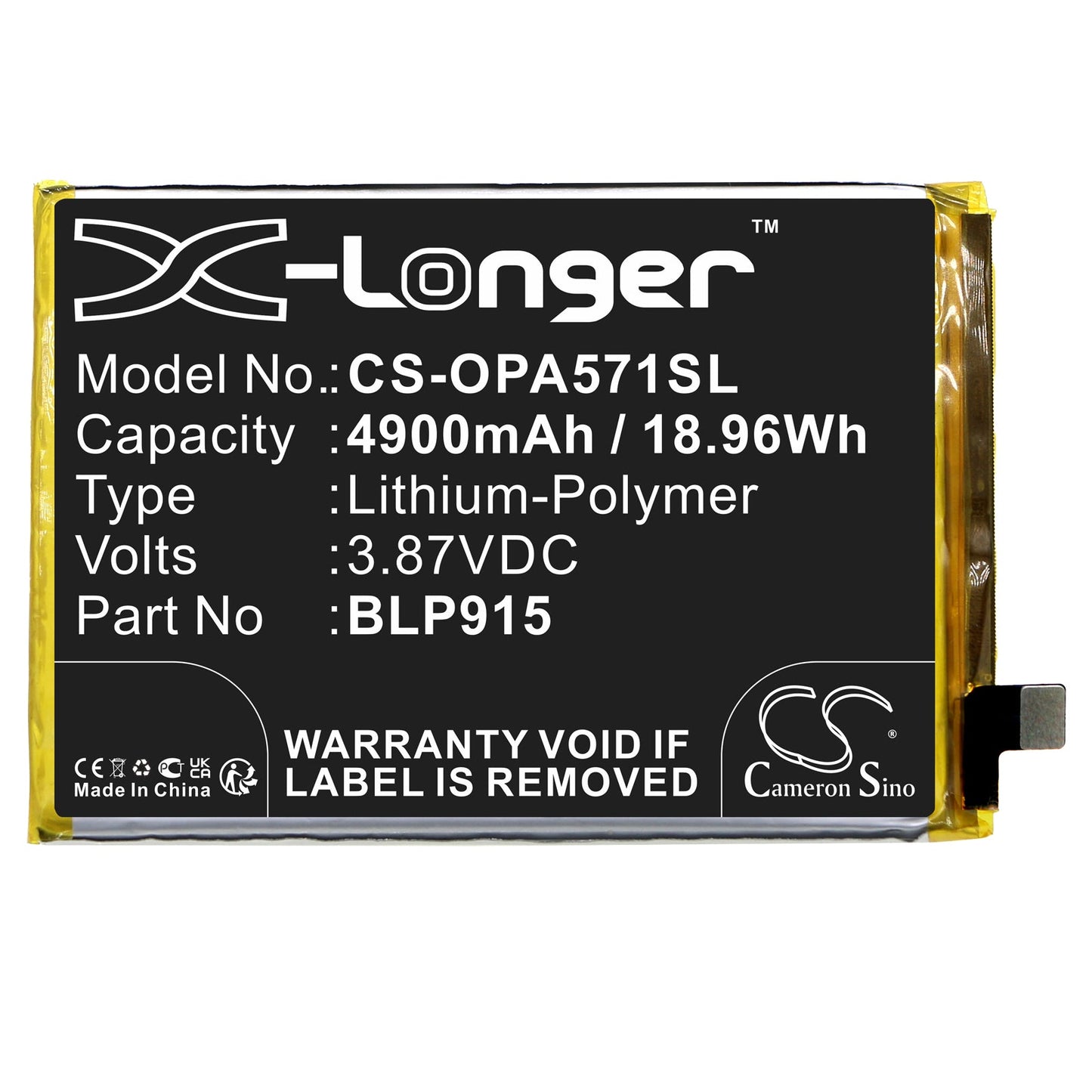 Replacement Battery for OPPO  A57 5G – Mobile, SmartPhone – 4900mAh / 18.96Wh / 3.87V