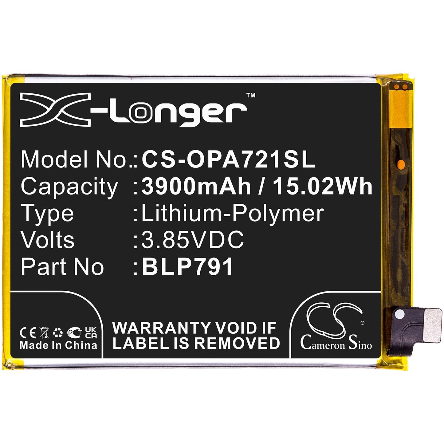 Replacement Battery for OPPO  A72 5G 2020 – Mobile, SmartPhone – 3900mAh / 15.02Wh / 3.85V