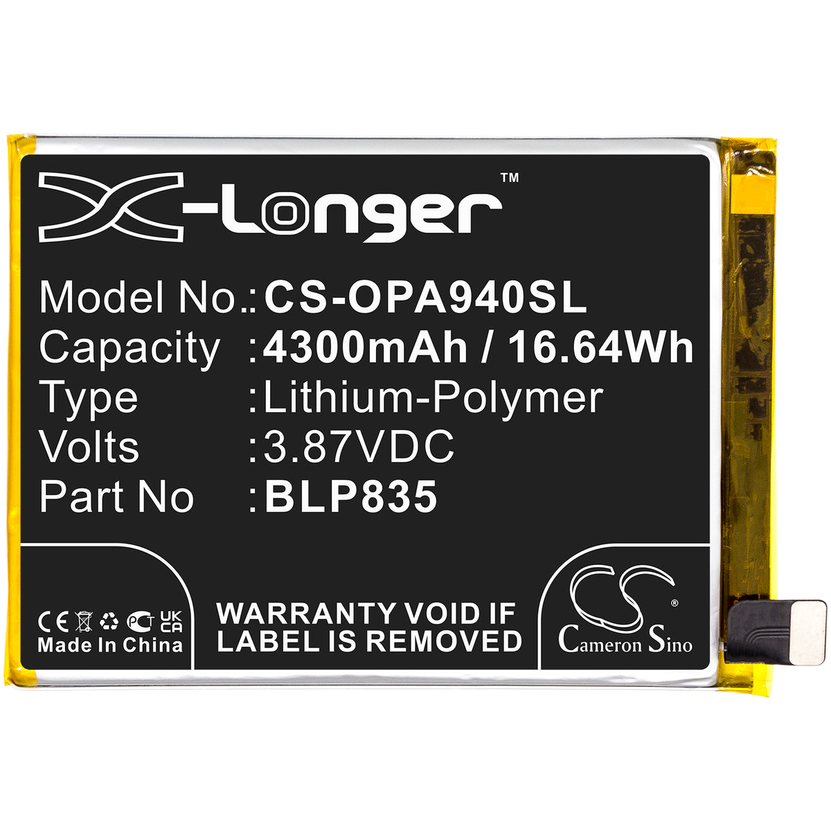 Replacement Battery for Oppo A94 – Mobile, SmartPhone – 4300mAh / 3.87V