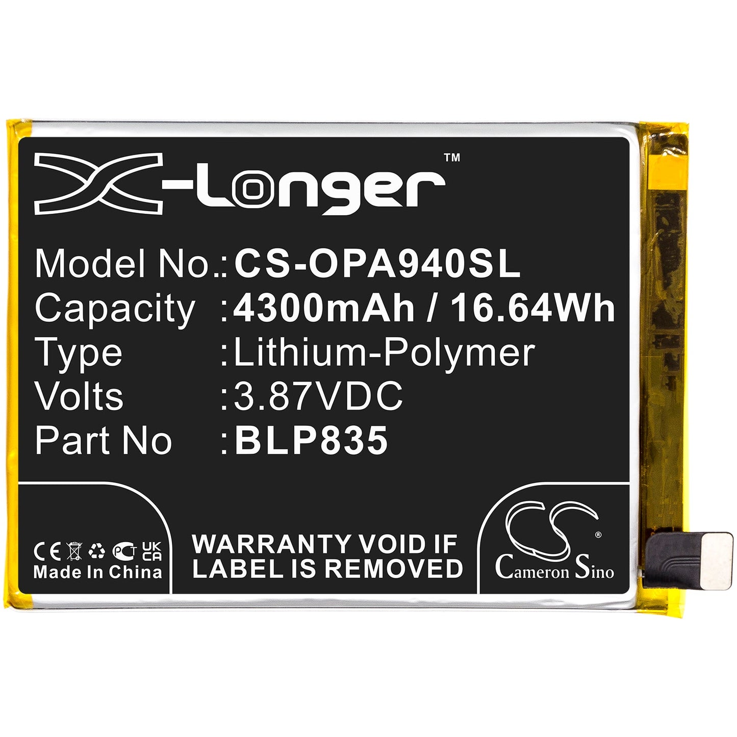 Replacement Battery for OPPO  A94 – Mobile, SmartPhone – 4300mAh / 16.64Wh / 3.87V