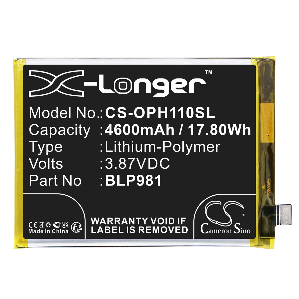Replacement Battery for Oppo A1 Pro – Mobile, SmartPhone – 4600mAh / 3.87V