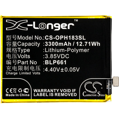 Replacement Battery for OPPO  A3 – Mobile, SmartPhone – 3300mAh / 12.71Wh / 3.85V