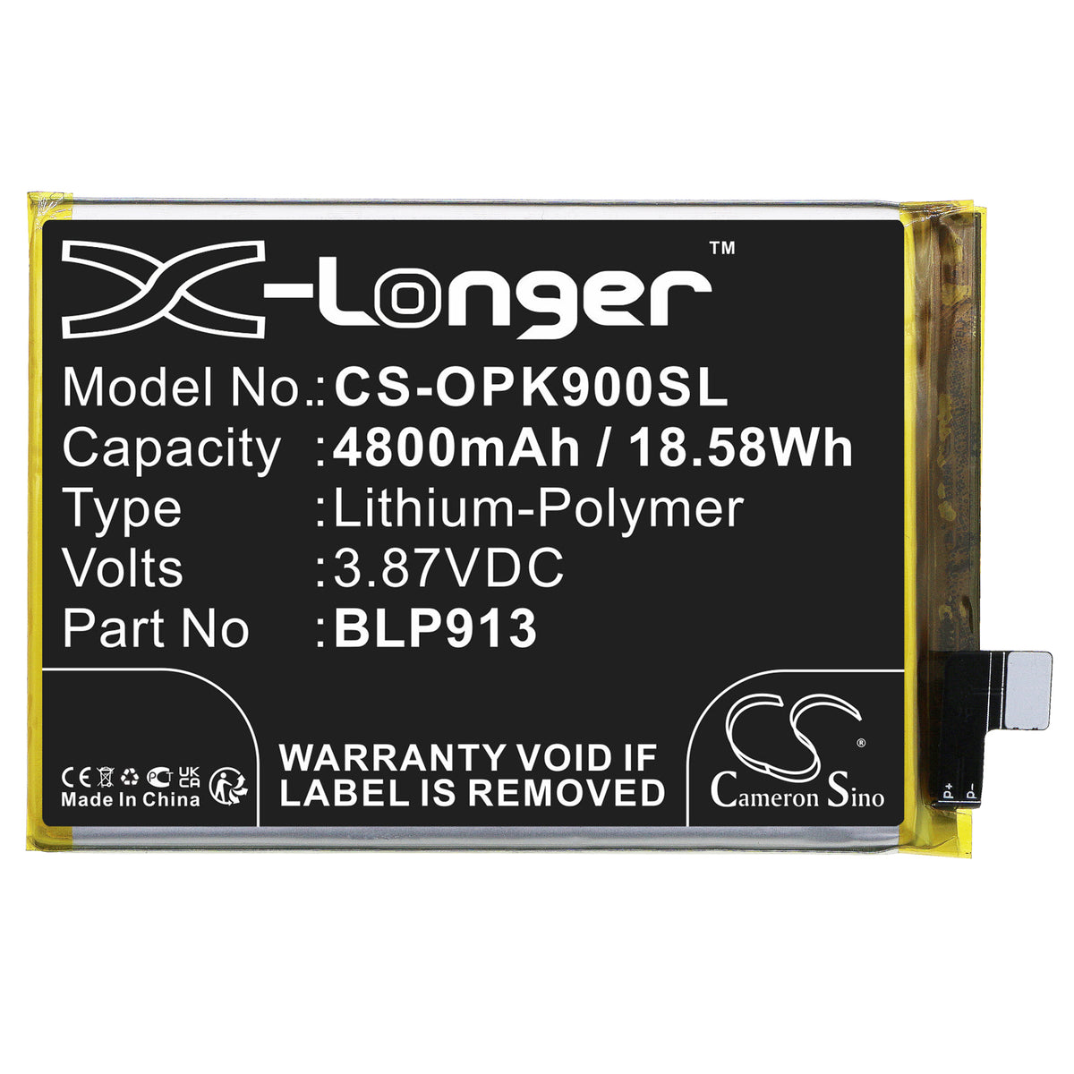 Replacement Battery for Oppo K9X – Mobile, SmartPhone – 4800mAh / 3.87V