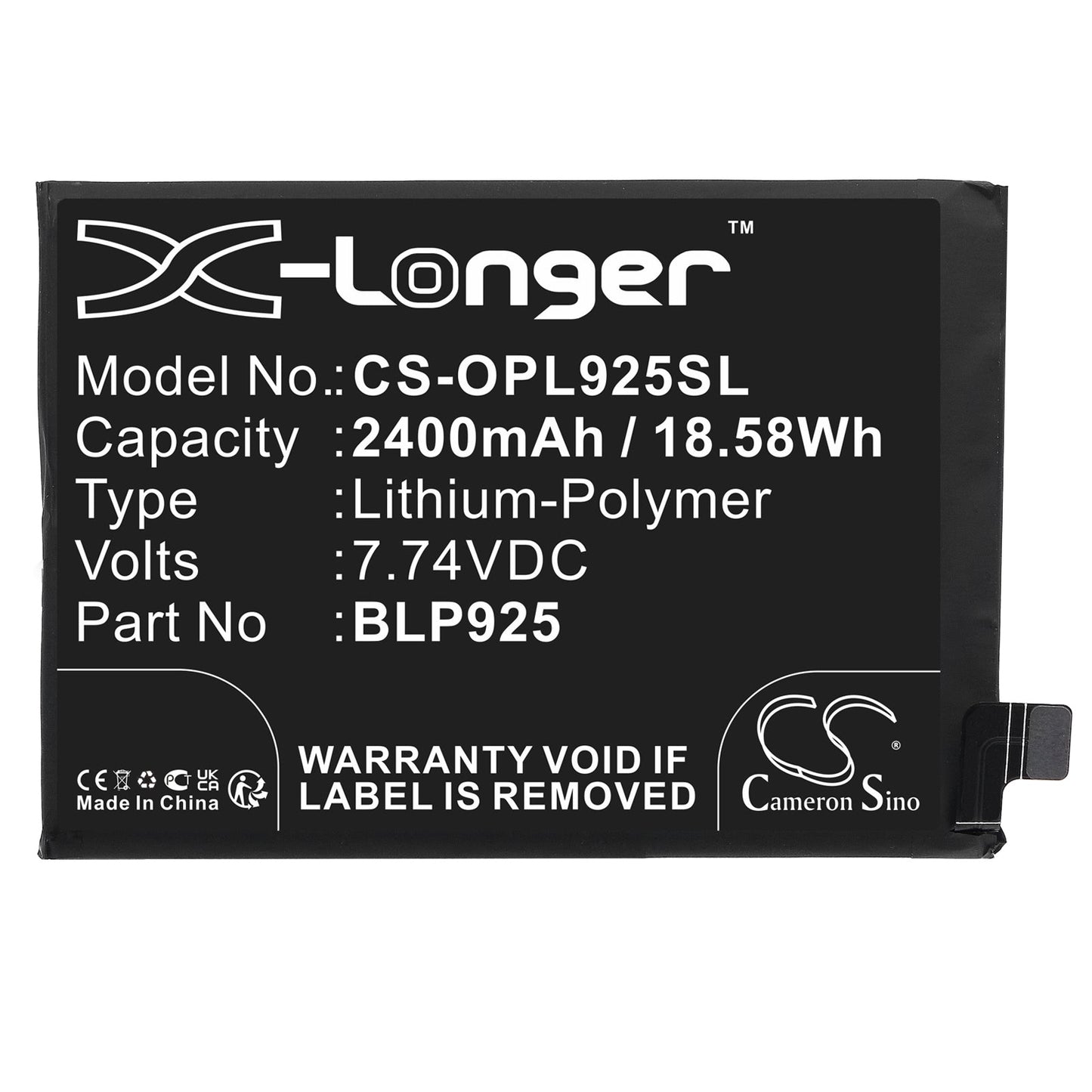 Replacement Battery for Oneplus  10R – Mobile, SmartPhone – 2400mAh / 18.58Wh / 7.74V