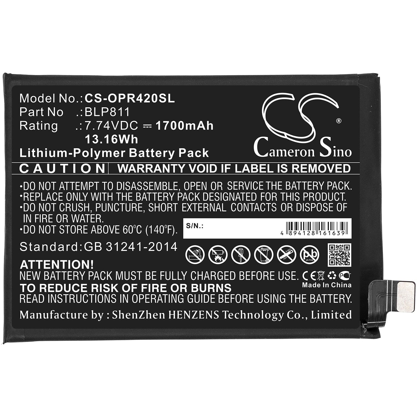 Replacement Battery for OPPO  Reno4 SE – Mobile, SmartPhone – 1700mAh / 13.16Wh / 7.74V