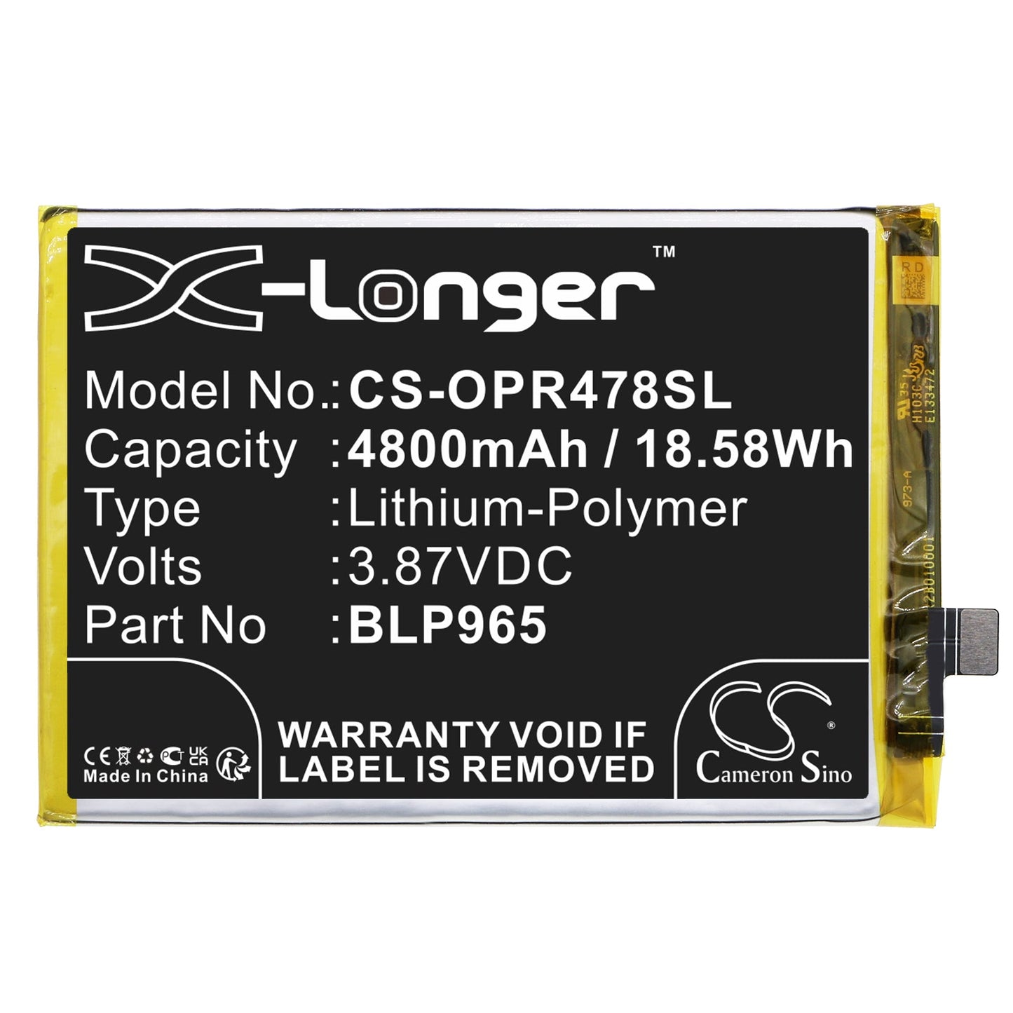 Replacement Battery for OPPO  K10x 5G – Mobile, SmartPhone – 4800mAh / 18.58Wh / 3.87V