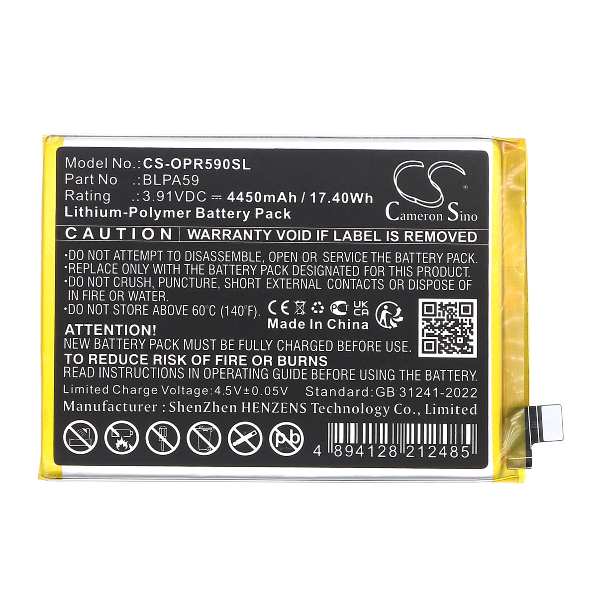 Replacement Battery for Oppo CPH2625 – Mobile, SmartPhone – 4450mAh / 3.91V