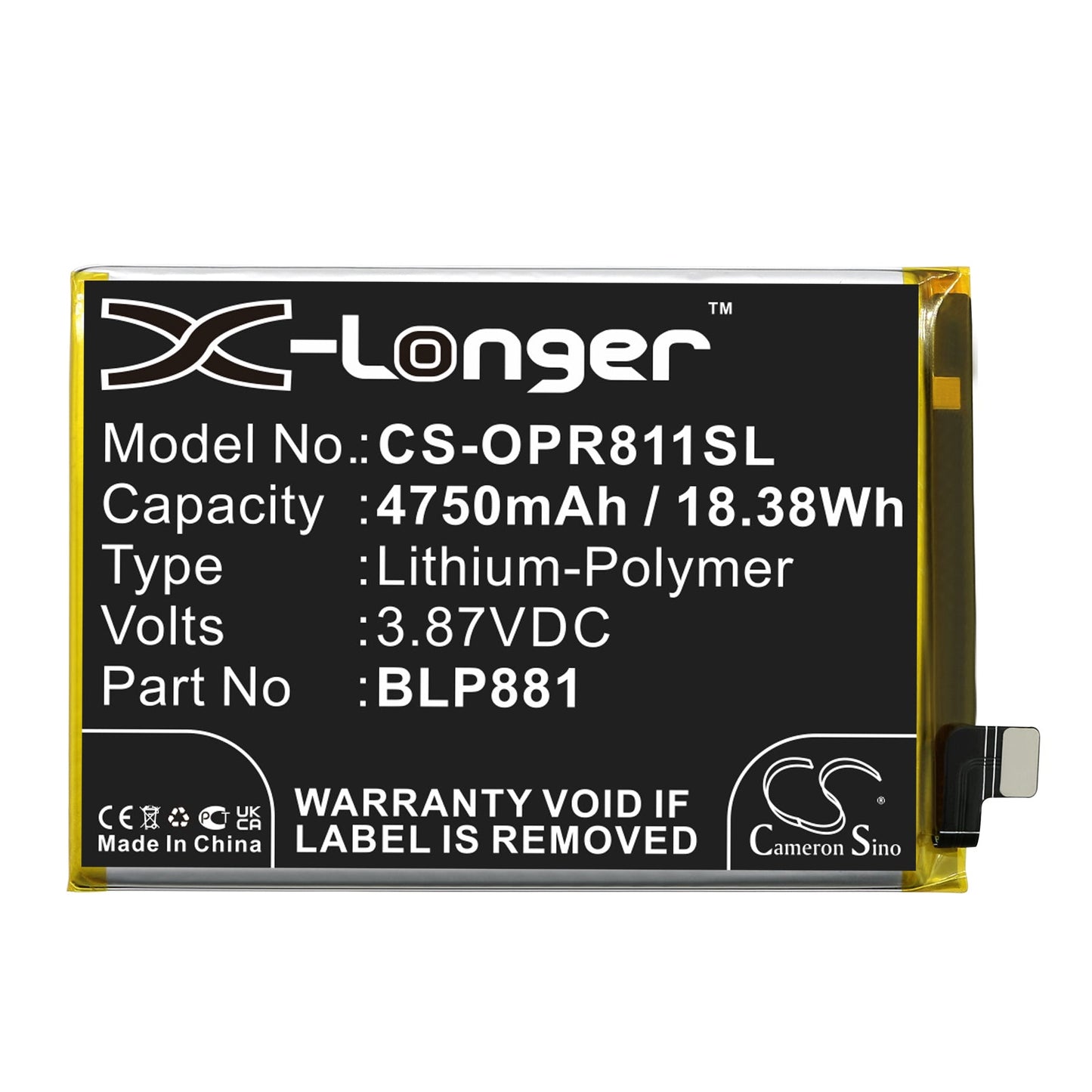 Replacement Battery for OPPO  Reno 4SE – Mobile, SmartPhone – 4750mAh / 18.38Wh / 3.87V