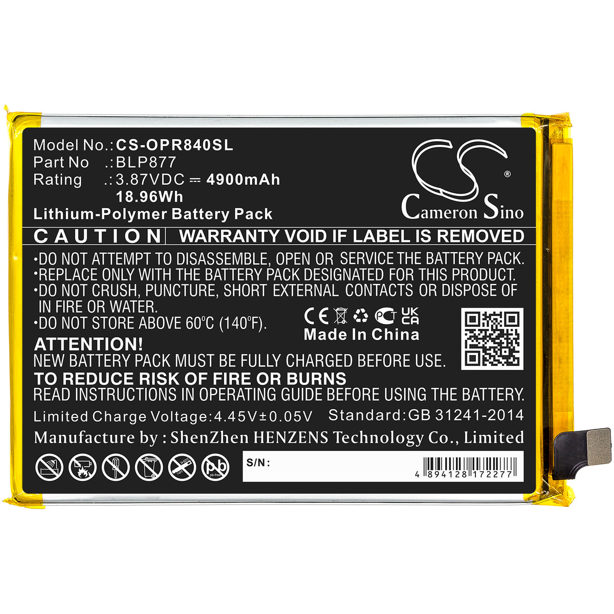 Replacement Battery for Oppo Realme 8i – Mobile, SmartPhone – 4900mAh / 3.87V