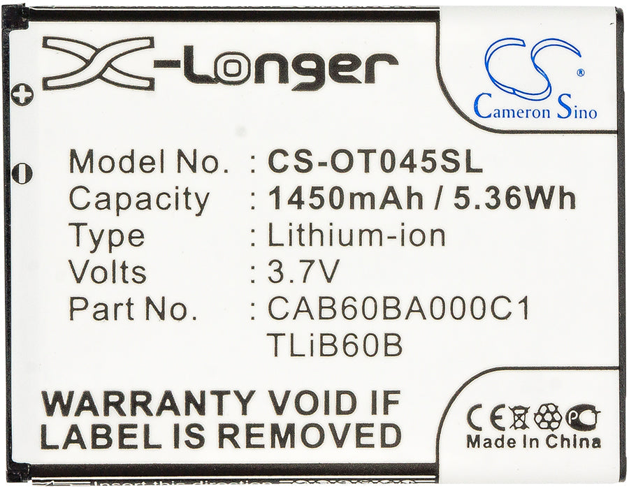 Replacement Battery for Alcatel  ADR3045 – Mobile, SmartPhone – 1450mAh / 5.36Wh / 3.7V