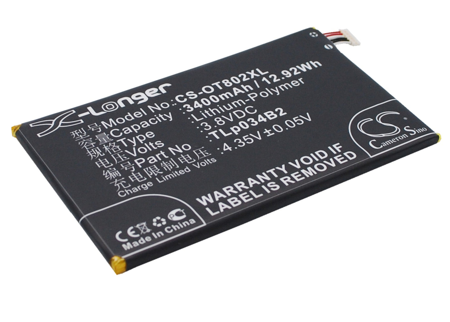 Replacement Battery for Alcatel  A995L – Mobile, SmartPhone – 3400mAh / 12.92Wh / 3.8V