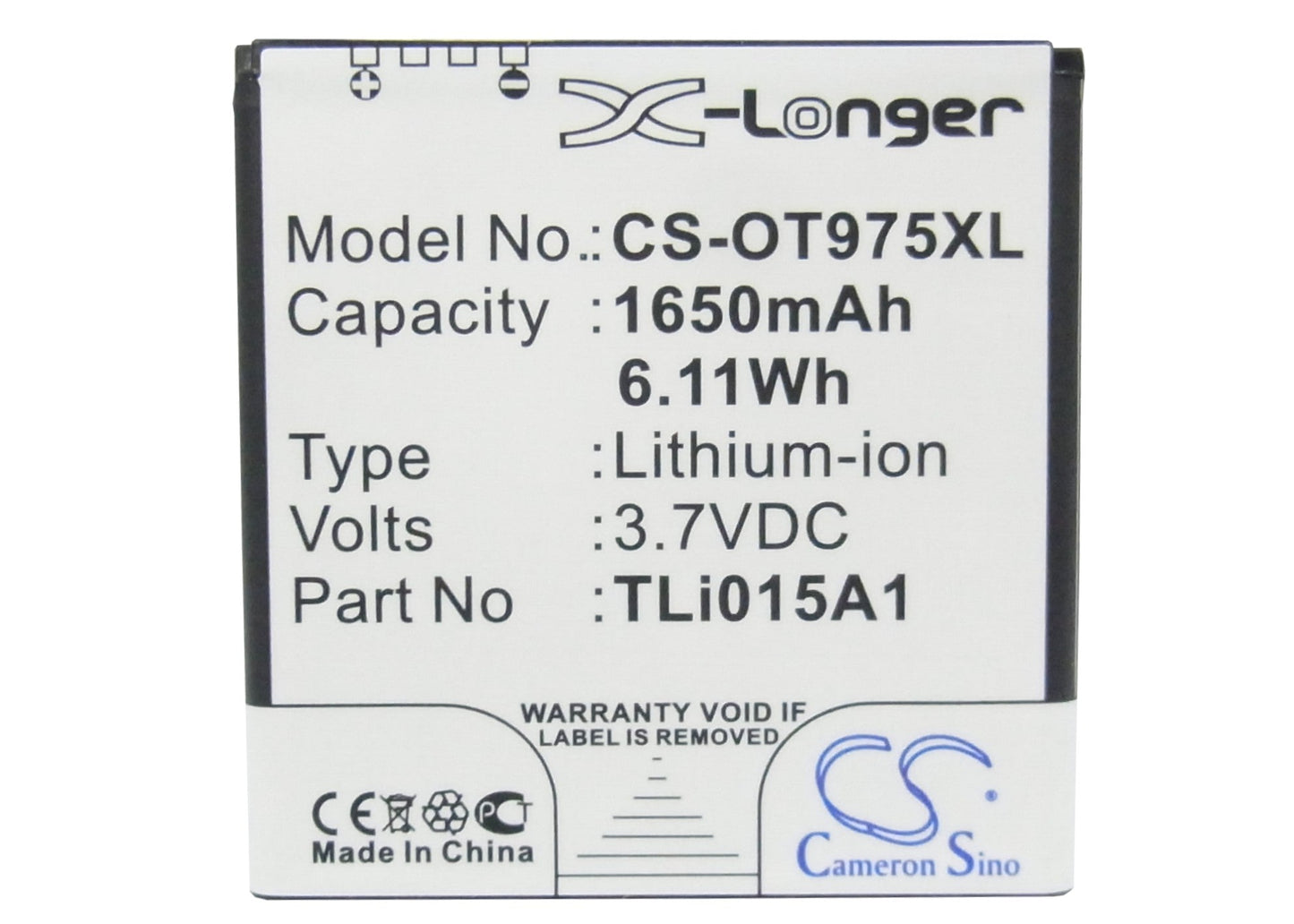 Replacement Battery for Vodafone  975N – Mobile, SmartPhone – 1650mAh / 6.11Wh / 3.7V