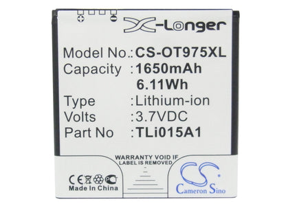Replacement Battery for Alcatel  One Touch 975 – Mobile, SmartPhone – 1650mAh / 6.11Wh / 3.7V