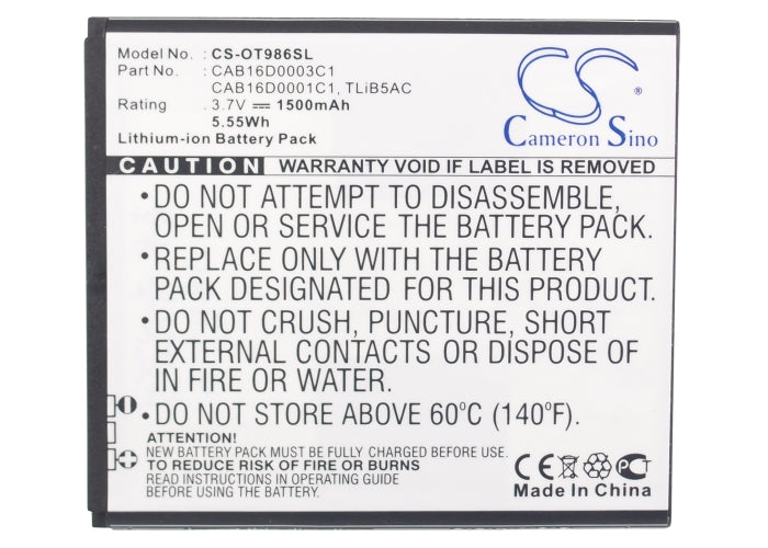 Replacement Battery for Alcatel  AK47 – Mobile, SmartPhone – 1500mAh/5.55Wh / 3.7V