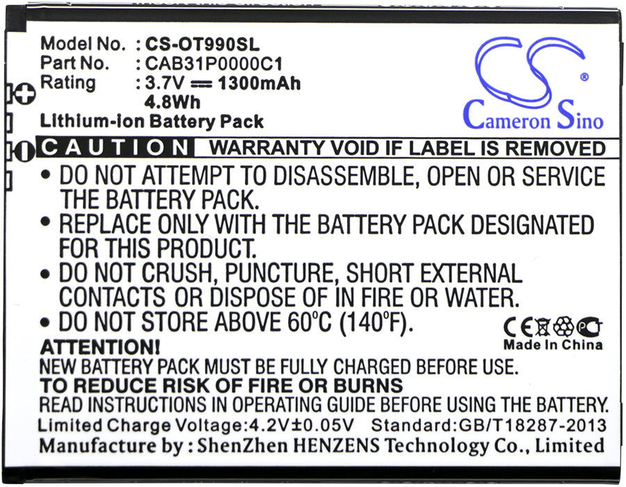 Replacement Battery for USCellular  ADR3035 – Mobile, SmartPhone – 1300mAh / 4.81Wh / 3.7V