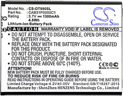 Replacement Battery for Alcatel  One Touc POP – Mobile, SmartPhone – 1300mAh / 4.81Wh / 3.7V
