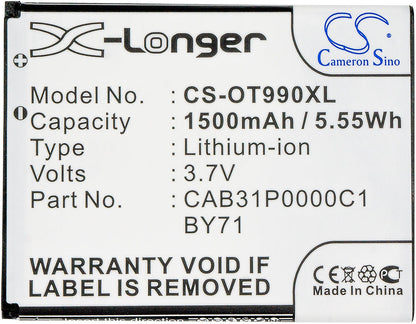 Replacement Battery for Alcatel  One Touc POP – Mobile, SmartPhone – 1500mAh / 5.55Wh / 3.7V