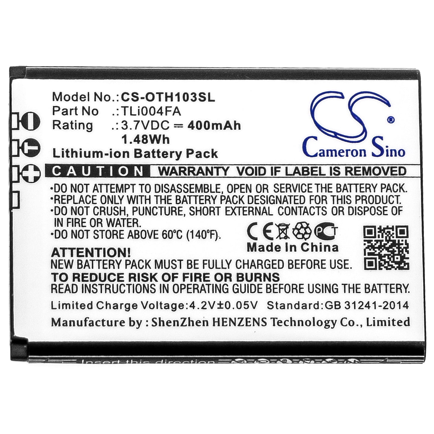 Replacement Battery for Alcatel  OneTouch 1013X – Mobile, SmartPhone – 400mAh / 1.48Wh / 3.7V