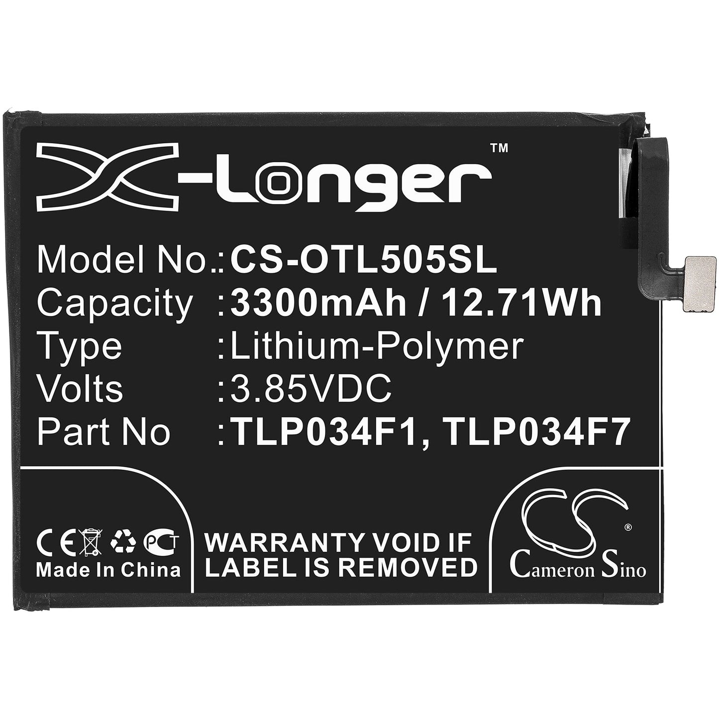 Replacement Battery for Alcatel  5039D – Mobile, SmartPhone – 3300mAh / 12.71Wh / 3.85V