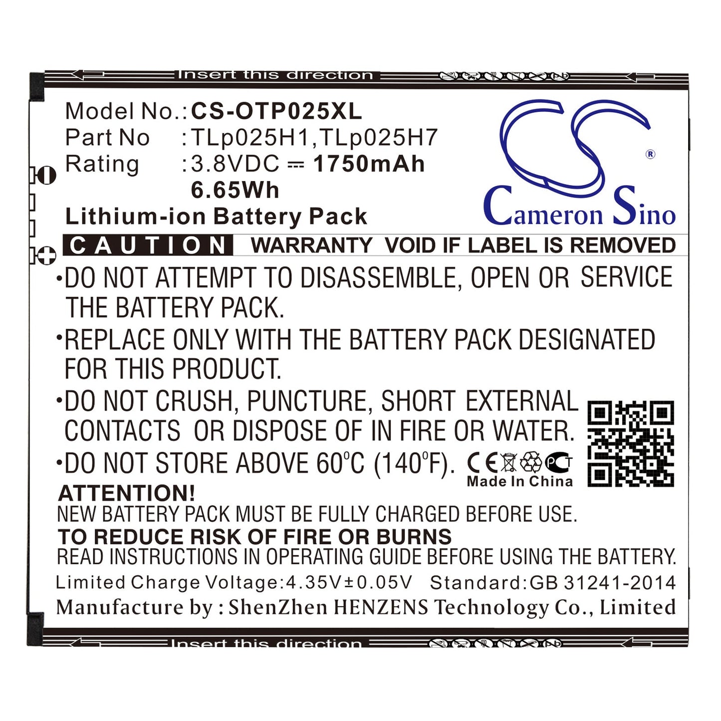 Replacement Battery for Alcatel  One Touch POP 4 – Mobile, SmartPhone – 1750mAh / 6.65Wh / 3.8V