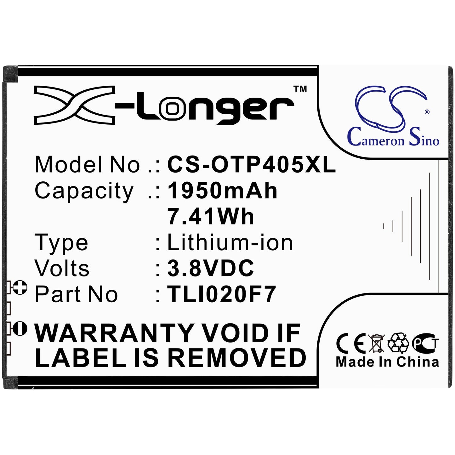 Replacement Battery for Alcatel  One Touch 4 5.0 – Mobile, SmartPhone – 1950mAh / 7.41Wh / 3.8V