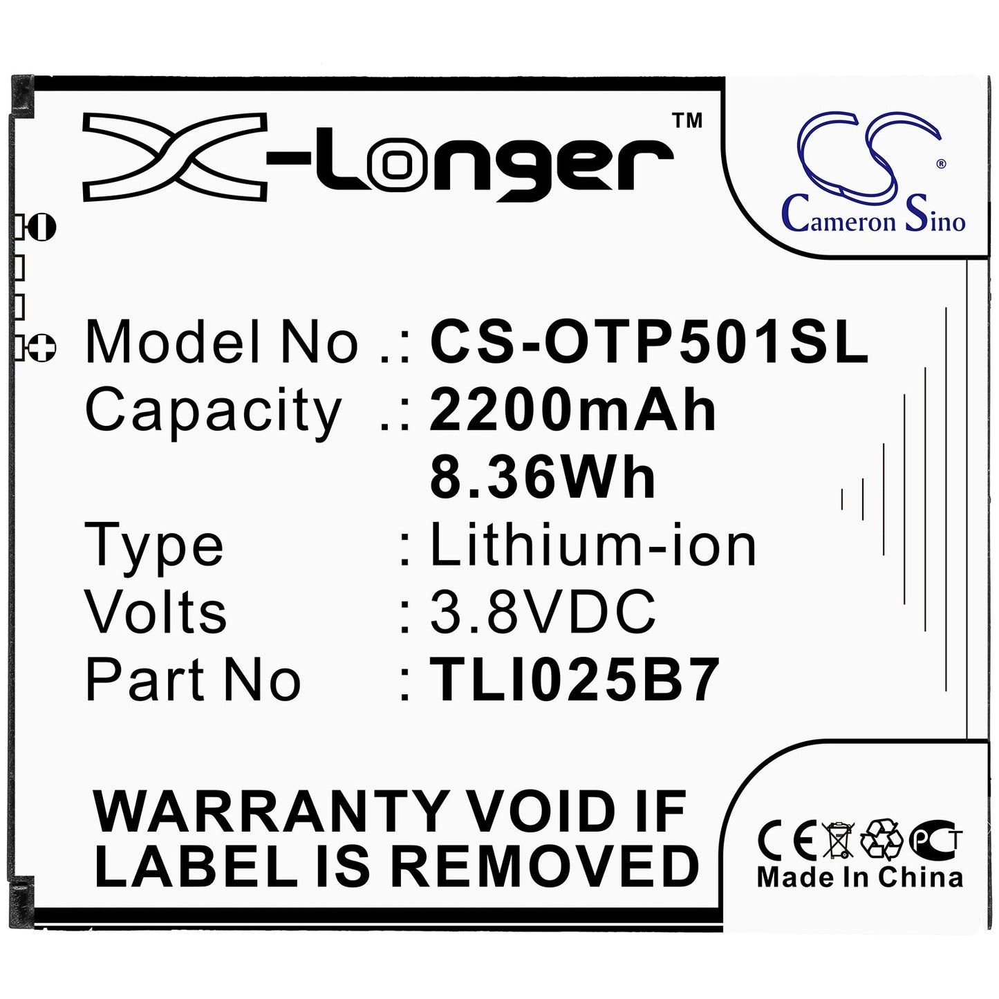 Replacement Battery for Alcatel  5011A – Mobile, SmartPhone – 2200mAh / 8.36Wh / 3.8V