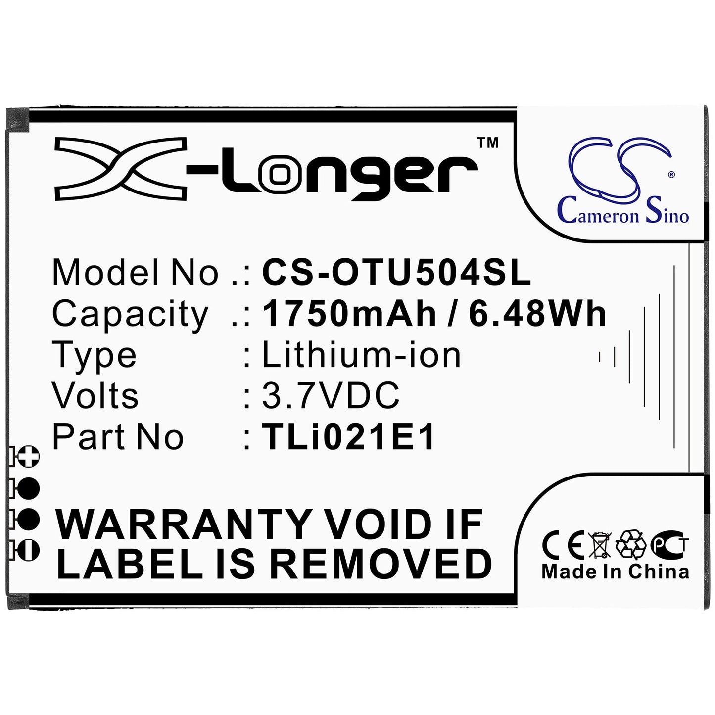 Replacement Battery for Alcatel  OT-5047U – Mobile, SmartPhone – 1750mAh / 6.48Wh / 3.7V