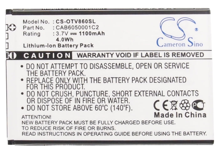 Replacement Battery for Alcatel  OT-V860 – Mobile, SmartPhone – 1100mAh / 4.07Wh / 3.7V