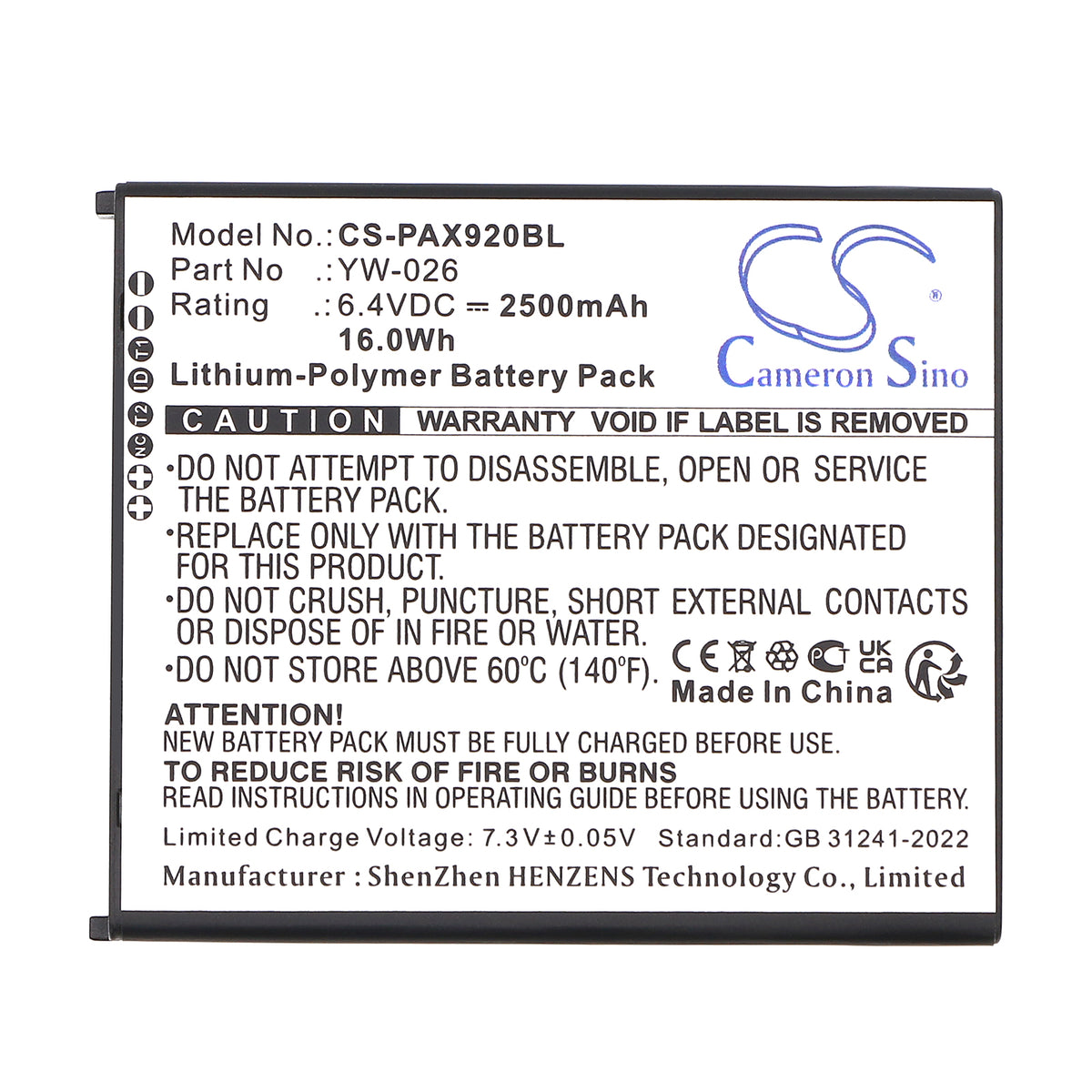 Replacement Battery for Pax A920 MAX – Payment Terminal – 2500mAh / 6.4V