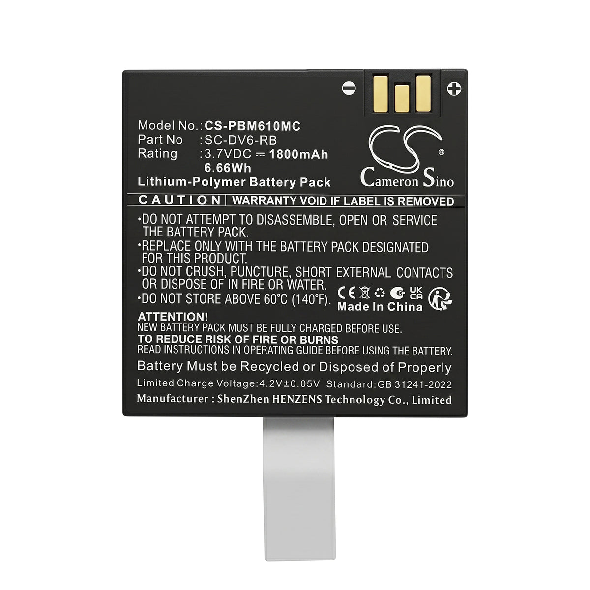 Replacement Battery for PatrolEyes HD DV6-RB – Body Camera – 1800mAh / 3.7V