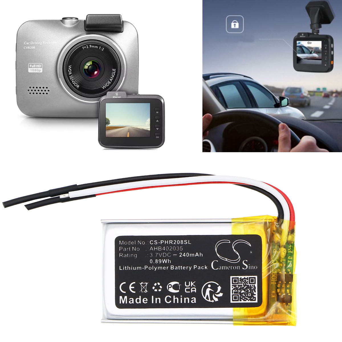 Replacement Battery for Philips CVR208 – Dashcam – 240mAh / 3.7V