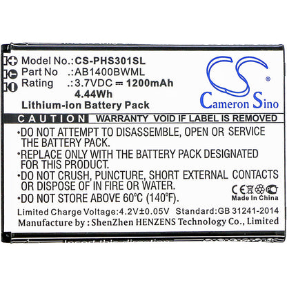 Replacement Battery for Philips  S301 – Mobile, SmartPhone – 1200mAh / 4.44Wh / 3.7V