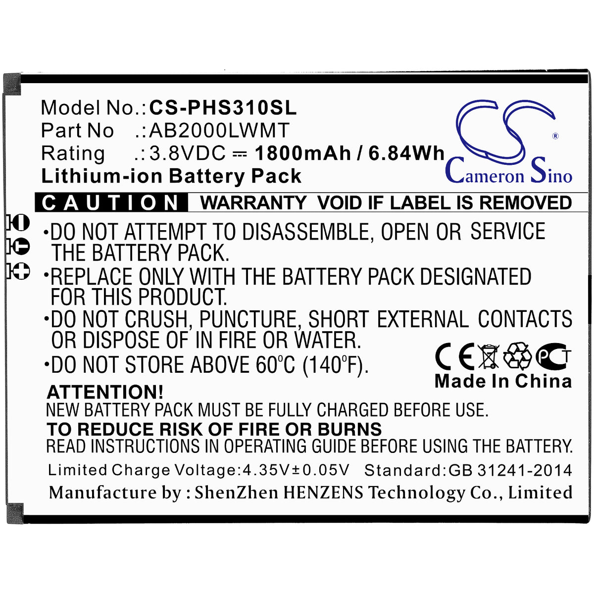 Replacement Battery for Philips Xenium CTS310X – Mobile, SmartPhone – 1800mAh / 3.8V