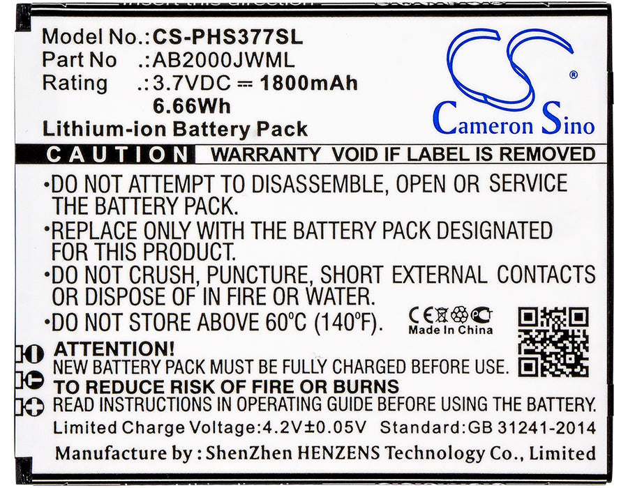 Replacement Battery for Philips  CTS337 – Mobile, SmartPhone – 1800mAh / 6.66Wh / 3.7V
