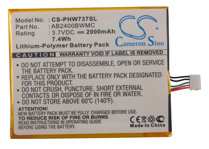 Replacement Battery for Philips  CTW737NAY – Mobile, SmartPhone – 2000mAh / 7.40Wh / 3.7V