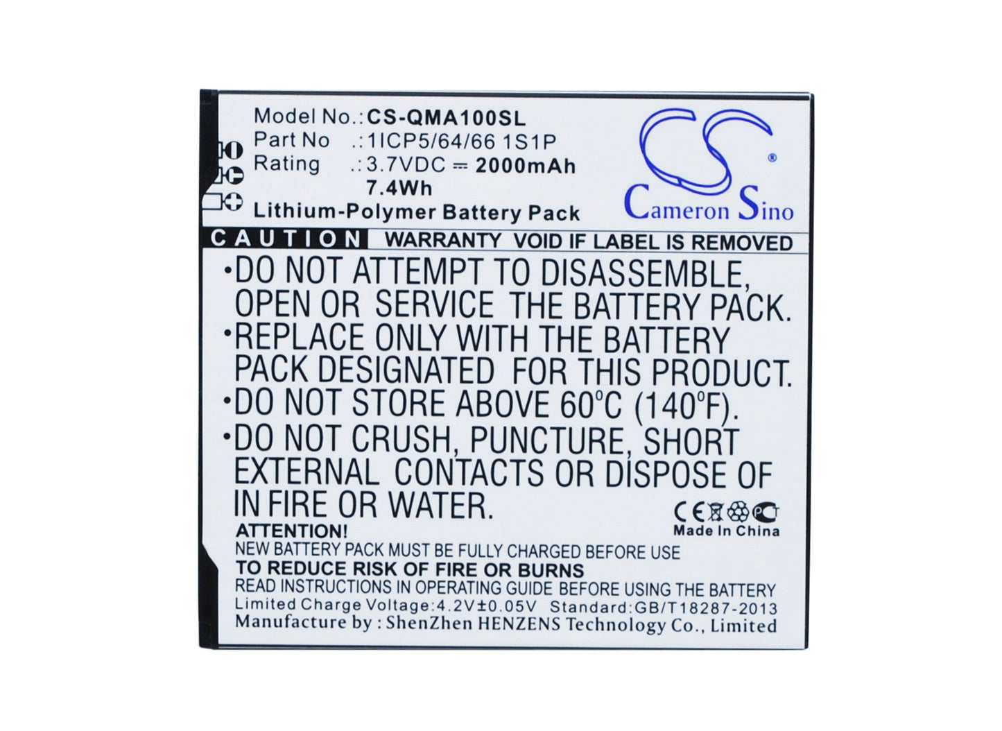 Replacement Battery for QMobile  A10 – Mobile, SmartPhone – 2000mAh / 7.40Wh / 3.7V