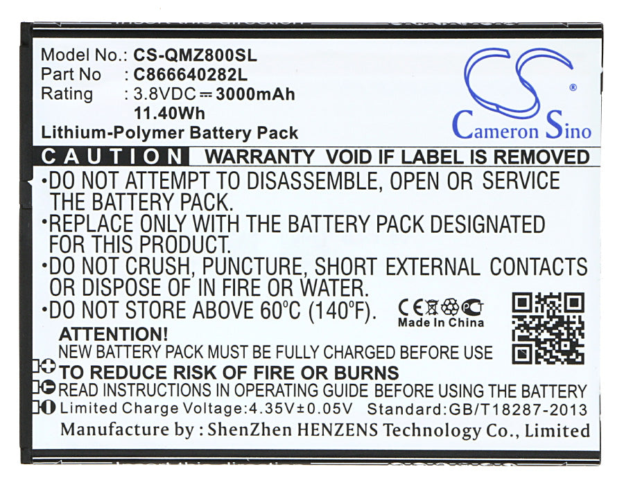 Replacement Battery for Qmobile  Z8 Plus – Mobile, SmartPhone – 3000mAh / 11.40Wh / 3.8V