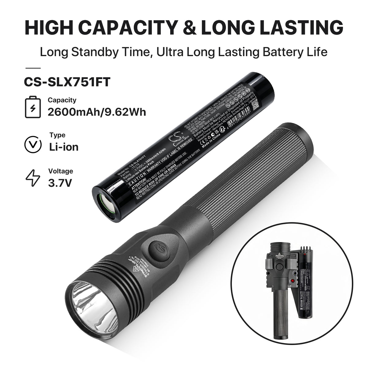 Replacement Battery for Streamlight Stinger LED – Flashlight – 2600mAh / 3.7V