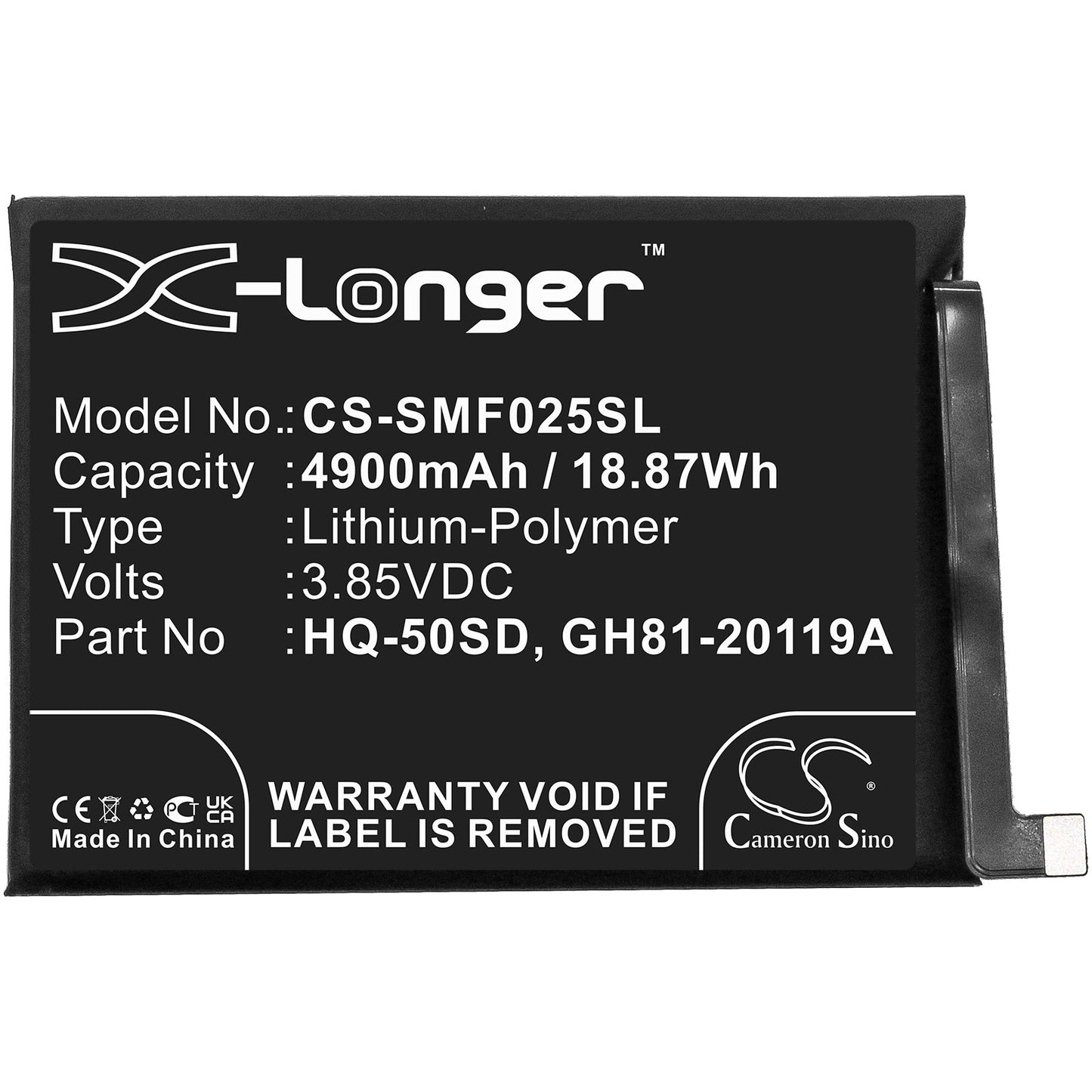 Replacement Battery for Samsung  Galaxy A02s – Mobile, SmartPhone – 4900mAh / 18.87Wh / 3.85V