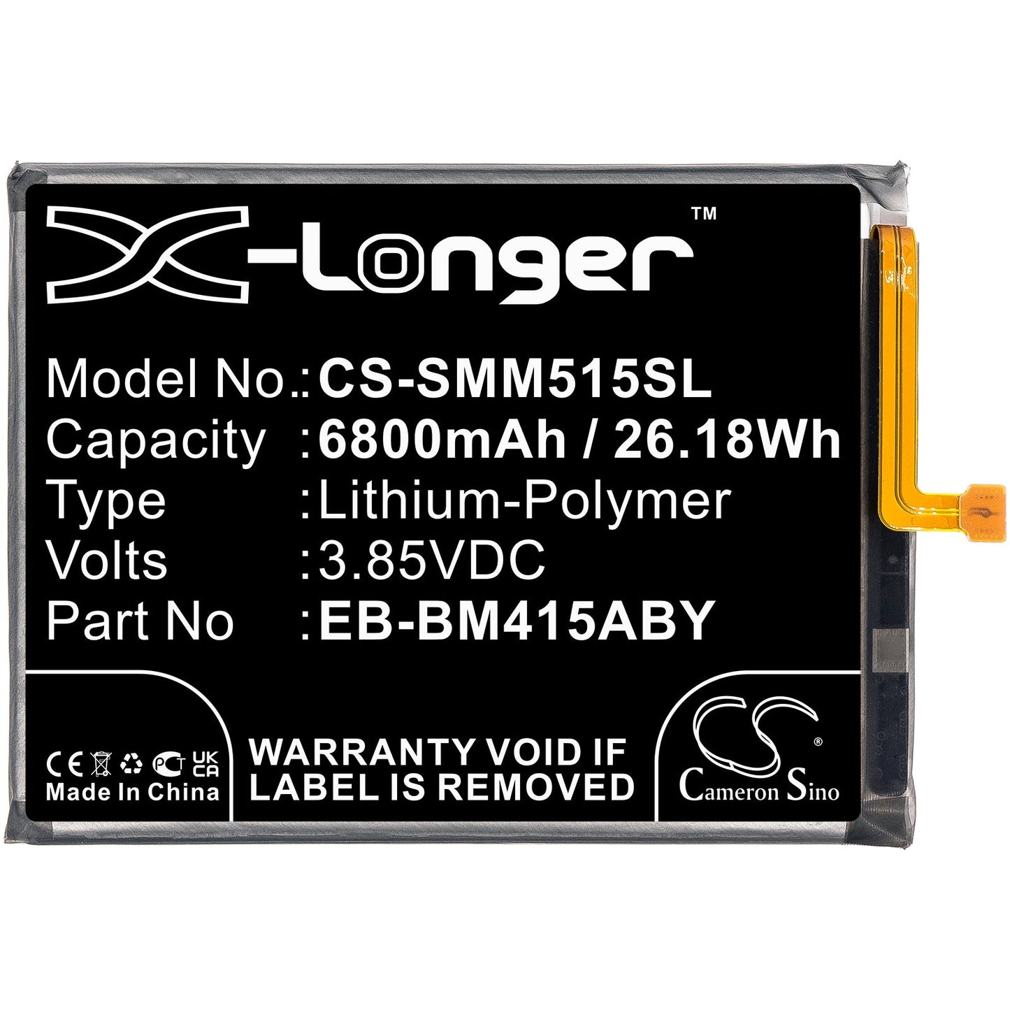 Replacement Battery for Samsung  Galaxy M51 – Mobile, SmartPhone – 6800mAh / 26.18Wh / 3.85V