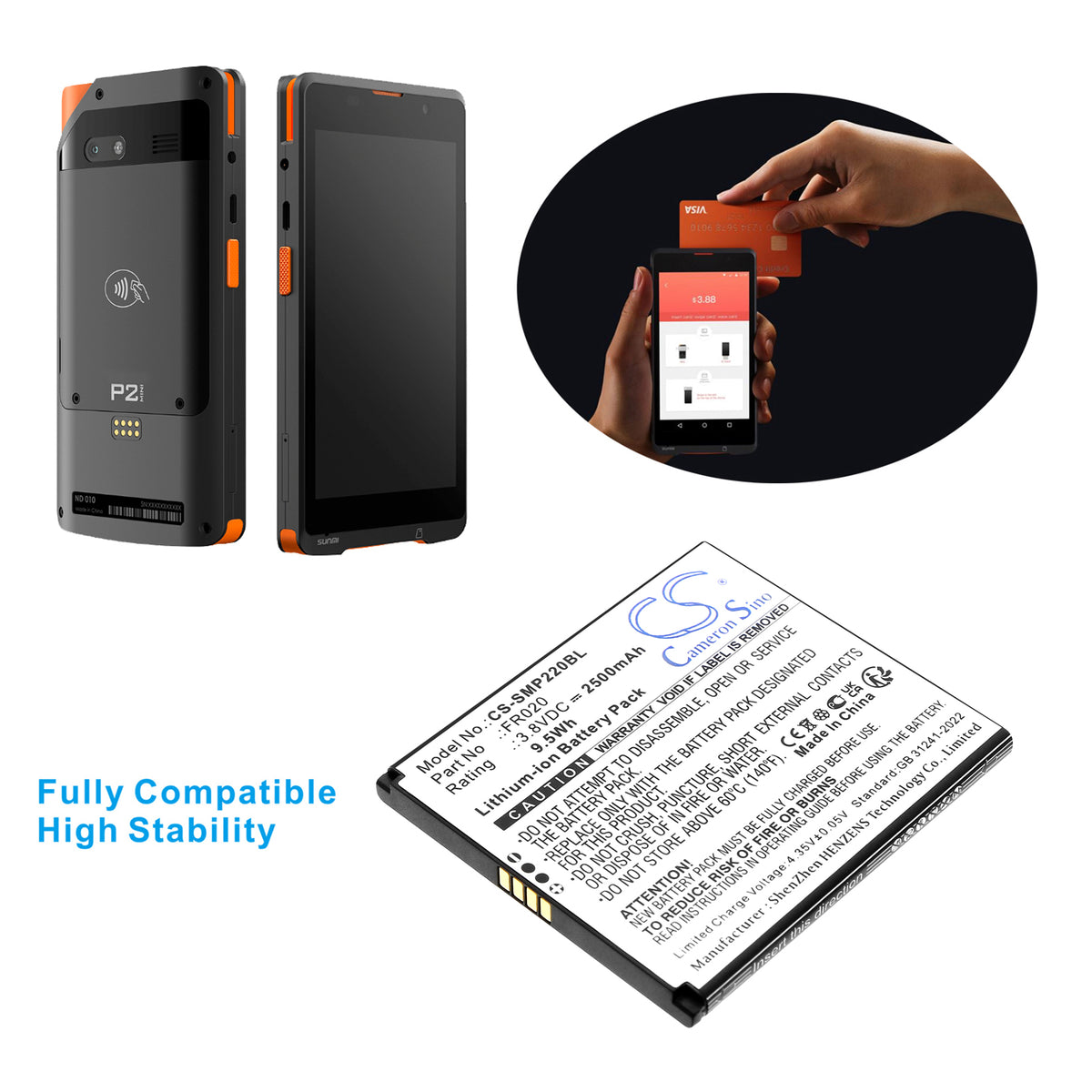 Replacement Battery for Sunmi P2 Mini – Payment Terminal – 2500mAh / 3.8V
