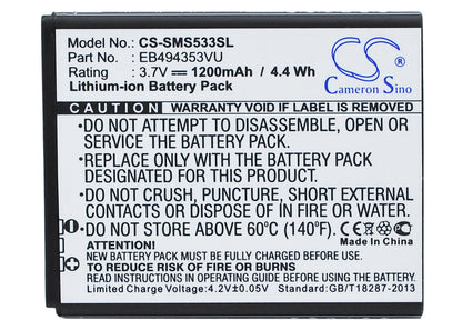 Replacement Battery for Samsung  Dart – Mobile, SmartPhone – 1200mAh / 4.44Wh / 3.7V