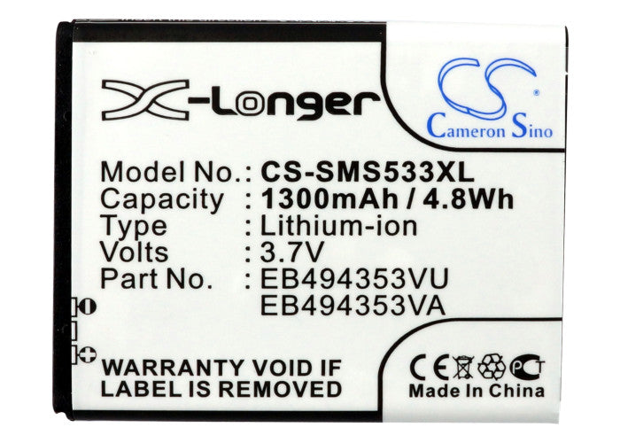 Replacement Battery for Samsung  Dart – Mobile, SmartPhone – 1300mAh / 4.81Wh / 3.7V