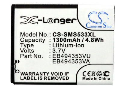 Replacement Battery for Samsung  Dart – Mobile, SmartPhone – 1300mAh / 4.81Wh / 3.7V