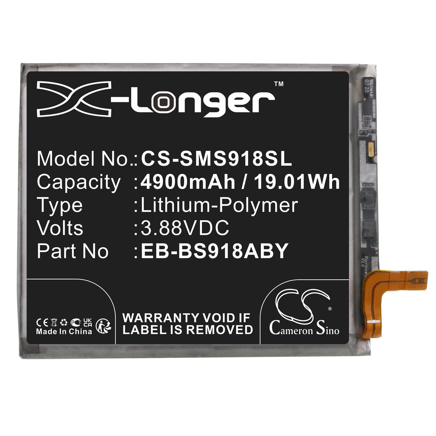 Replacement Battery for Samsung  Galaxy S23 Ultra – Mobile, SmartPhone – 4900mAh / 19.01Wh / 3.88V