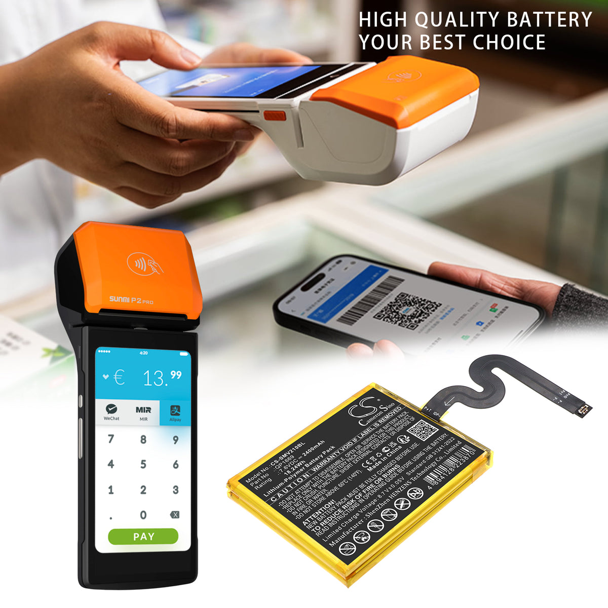Replacement Battery for Sunmi P2 Pro – Payment Terminal – 2400mAh / 7.6V