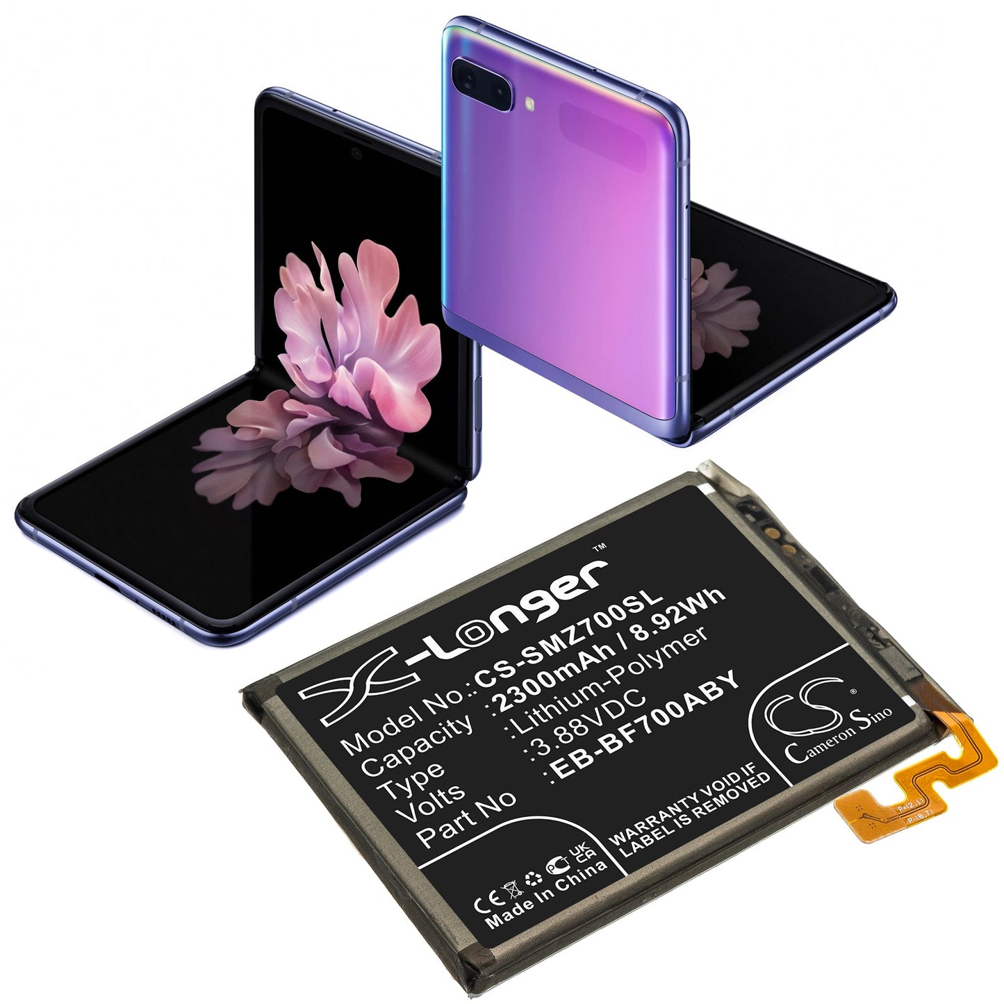 Replacement Battery for Samsung  Galaxy Z Flip – Mobile, SmartPhone – 2300mAh / 8.92Wh / 3.88V