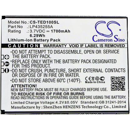 Replacement Battery for TELEFUNKEN  Selfie TS1 – Mobile, SmartPhone – 1700mAh / 6.29Wh / 3.7V