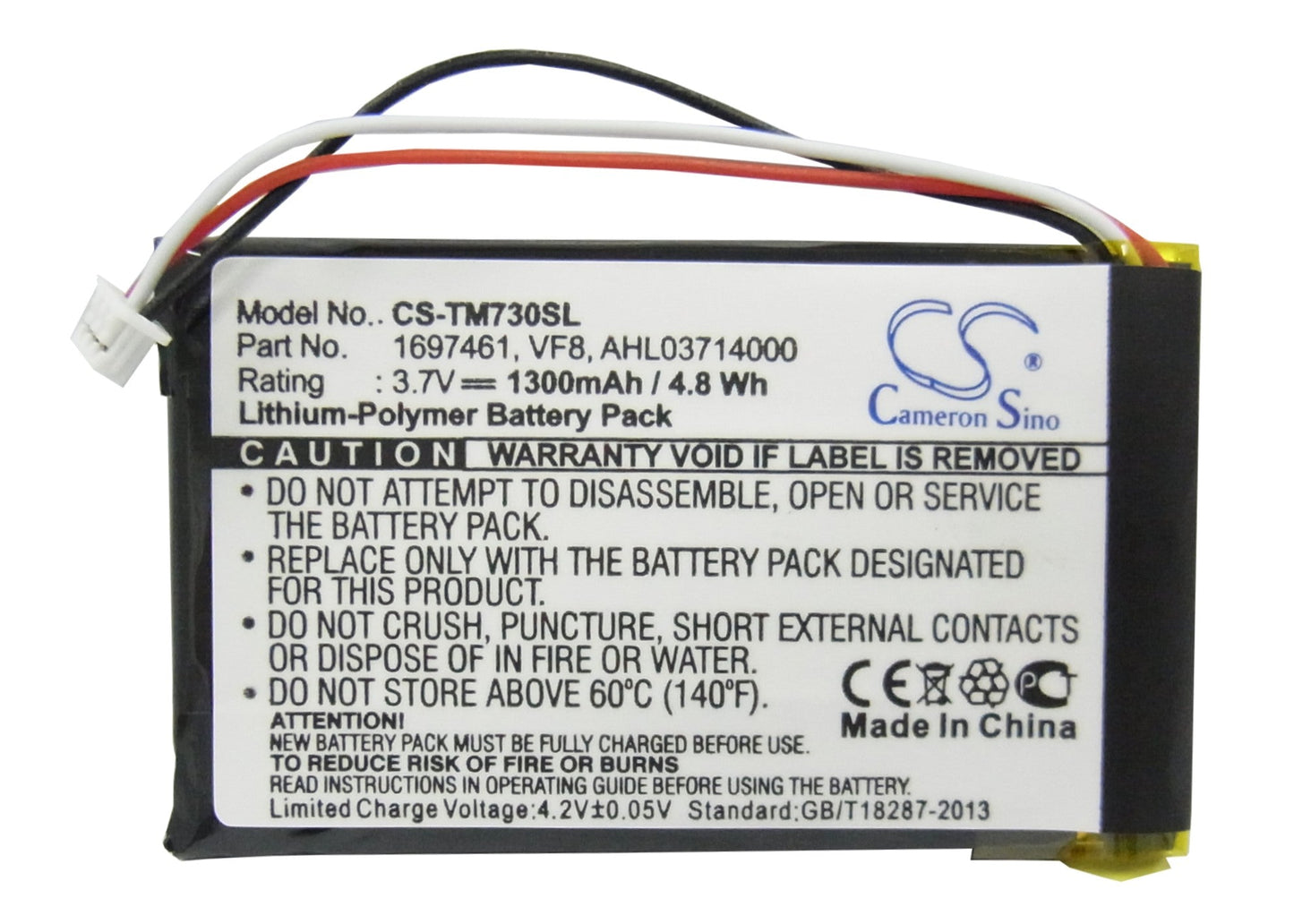 Replacement Battery for TomTom  Go 530 Live – GPS, Navigator – 1300mAh / 4.81Wh / 3.7V